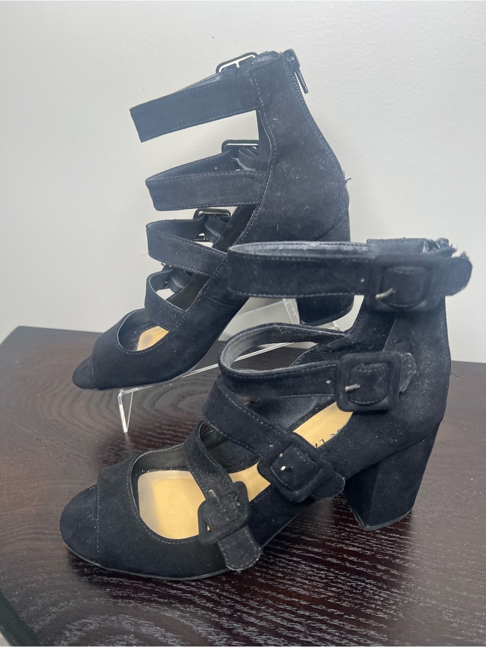 Chinese Laundry Black Suede Multi-Strap Block Heel Sandals